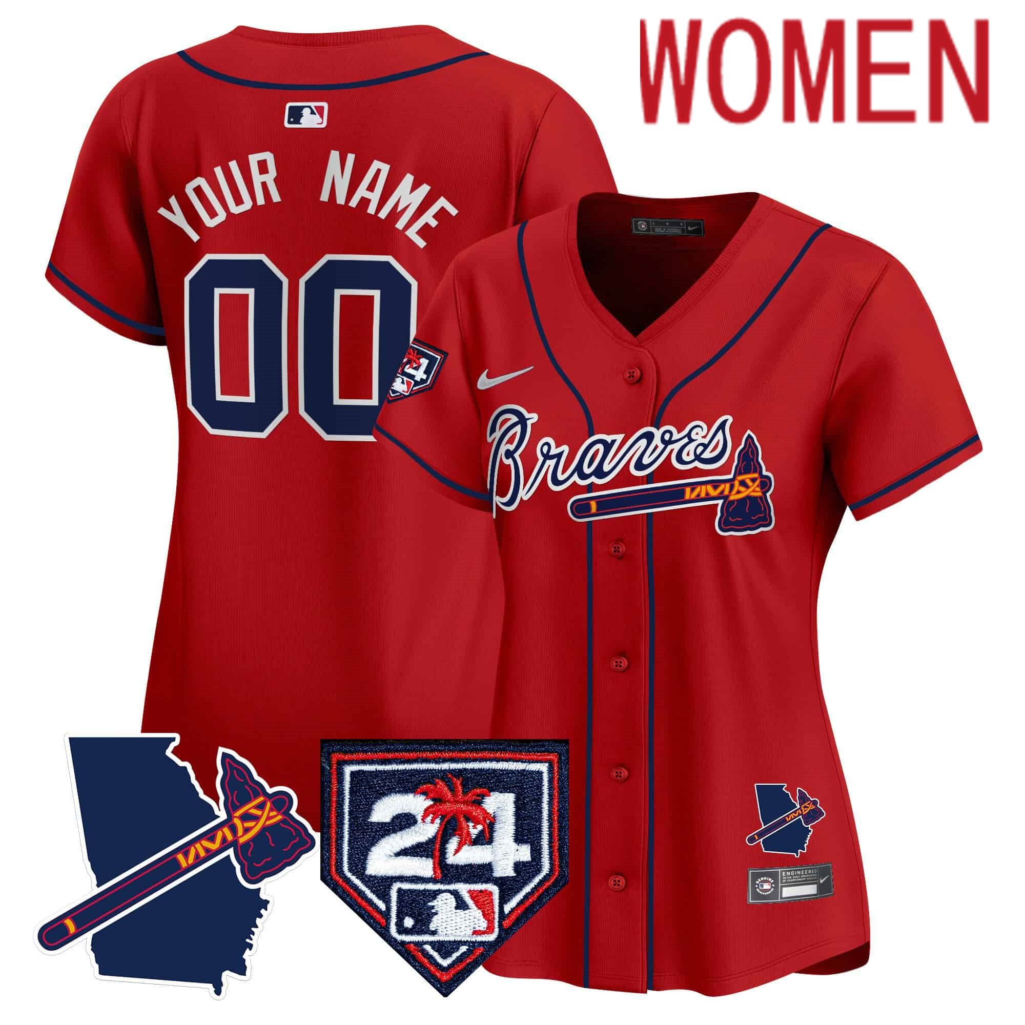 Women Atlanta Braves Red Nike 2024 Spring Training & Georgia Patch Vapor Premier Elite Custom MLB Jersey